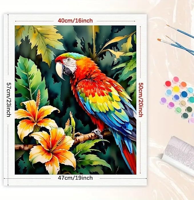 Tropical Bird Paint by Numbers Kit for Adults - DIY Parrot with Hibiscus Flowers Painting on Canvas 16x20 Inches, Acrylic Paint Set, Suitable for Beginners, Art for Home Decoration or Gifts