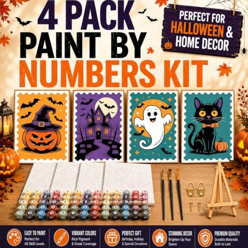 HITO 4 Pack Halloween Paint by Numbers Kit for Kids 6-8-12 with Frame Easel