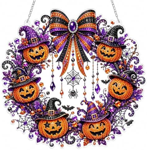 Halloween Diamond Art Hanging Kits for Adults Beginners, DIY Acrylic 5D Special Shaped Crystal Diamond Gem Art Painting for Window Pendants Home Garden Wall Hanging Kits Hanging Ornament (Style G)