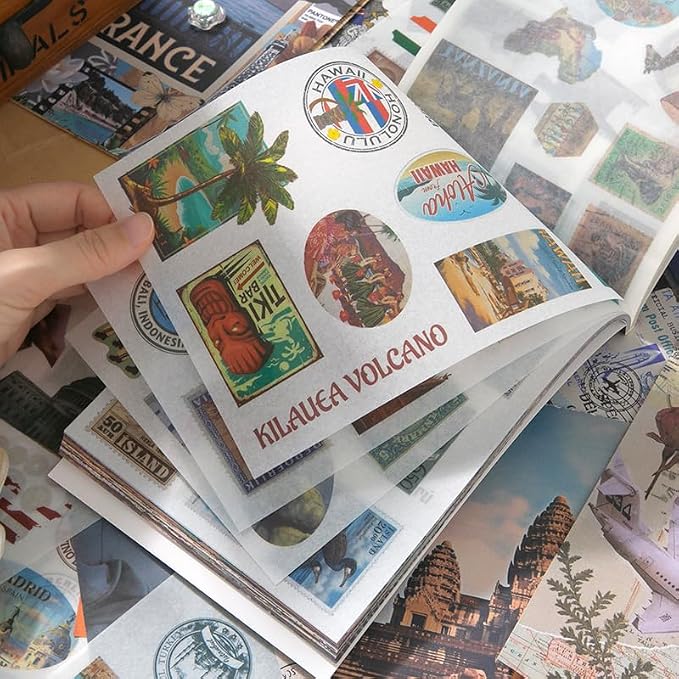Prstincol Vintage Aesthetic Washi Stickers and Papers for Scrapbooking, 50 Sheets Ephemera Book for Art Journaling with Retro Global Travel Theme Stickers and Decoupage Papers for Junk Journal