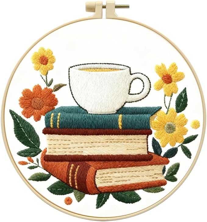 Zhenqing Book Lover Embroidery Kit for Beginners, Coffee & Books Needlework Craft with Pre-Printed Cotton Fabric, Hoop, Threads & Tools, Reading Nook Decor (C0073)