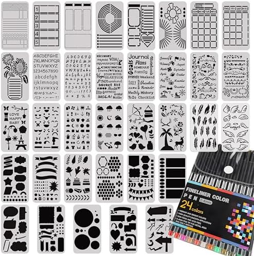Journal Stencils 35 Pcs Set, Journal Planner Colored Pens 24 Pcs Set, Reusable Plastic Templates for Planners, Calendars, Notebooks, Daily Weekly Monthly Layouts, Letters, Numbers, Decorative Designs