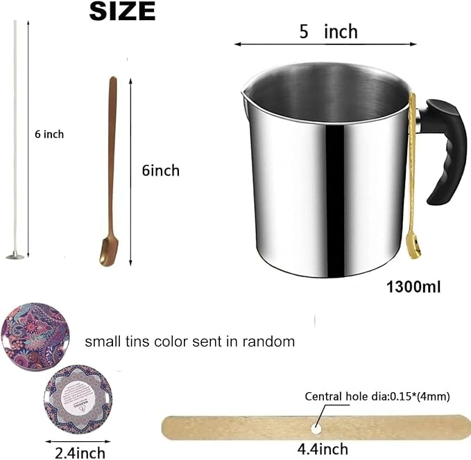 Candle Making Pouring Pot, 1300ml Wax Pouring Pot Candle Making Pitcher with Heat-Resistant Handle and Dripless Pouring Spout Design with Candle Jars, Wicks, Stickers and Wicks Centering Device