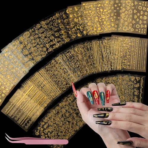 Teenitor 50 Sheets Nail Stickers for Nail Art, Nail Decals Gold Nail Stickers for Kids Women in Fall Winter Halloween Christmas, Nail Decorations