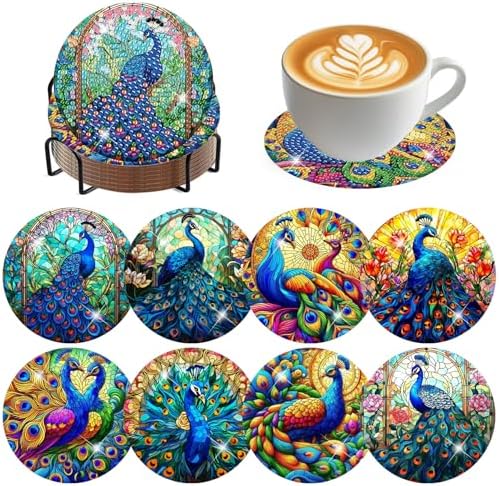 8 Pack Diamond Art Coasters,Peacock animals Diamond Painting Coasters Kits