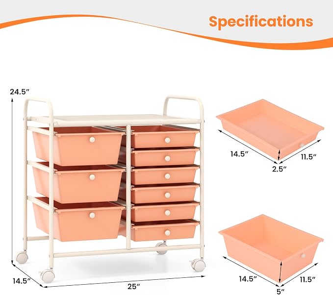 Giantex 9 Drawers Rolling Cart, Classroom Organizers, Storage Cart with Wheels, for Teacher Office Home School Supplies Tool Craft Art Paper, Peach Fuzz