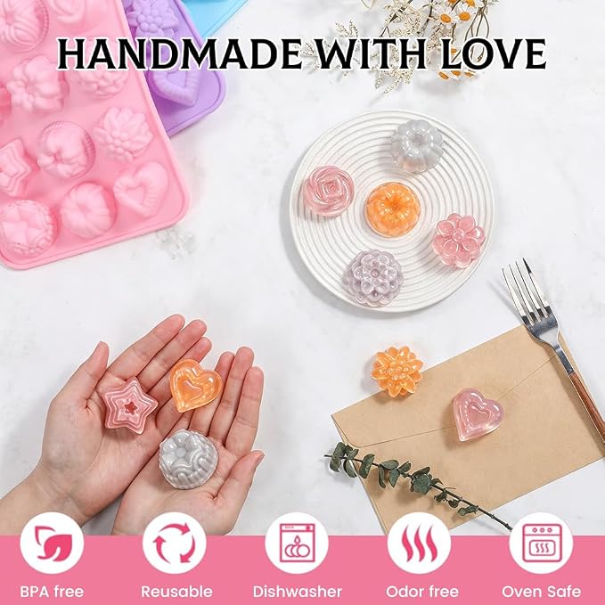 SJ Flower Silicone Mold Set, 3-Pack 12-Cavity Soap & Craft Molds | For Crafts, Plaster, Soap, Wax Melts & Bath Bombs, Food Grade Silicone, Easy Release, Reusable