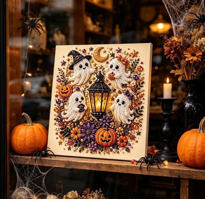 Halloween Ghost Pearl Art DIY Kit, Pearl Painting Kits for Adults, Pearls Diamond Art, Spooky-Cute Design, Fall Home Decor, Wall Art, Adults Craft Kit, 3D DIY Pearl Painting (Pumpkin Cat)