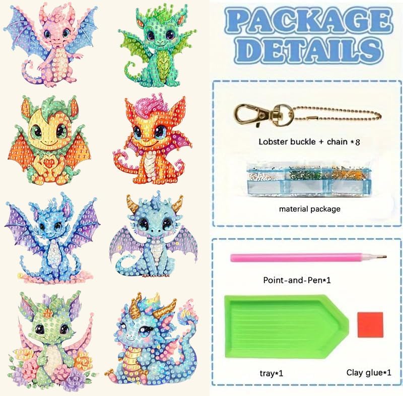 Masendp 8 Pieces Diamond Painting Keychain Cartoon Style Diamond Art Jewelry Double Sided 5D Diamond Painting Kit for Beginners Adult DIY Art Craft Gift Home Decor (Dragon)