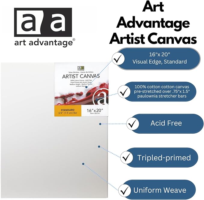 Art Advantage Artist Canvas Visual Edge 16x20, Stretched Canvas for Painting, Blank Canvas for Acrylics & Oils, Canvases for Artists, Professional Pre-Stretched Canvas