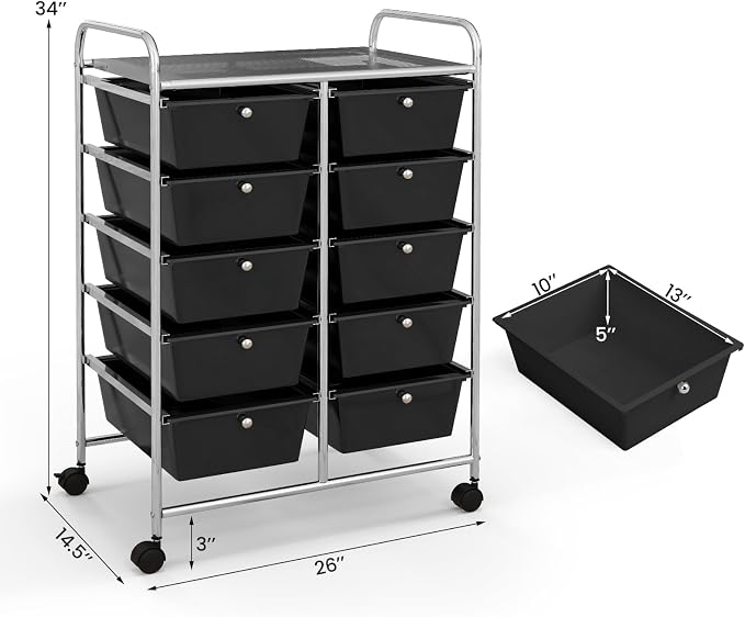 Giantex 10 Drawers Rolling Cart, Classroom Organizers, Storage Cart with Wheels, for Teacher Office Home School Supplies Tool Craft Art Paper, Black