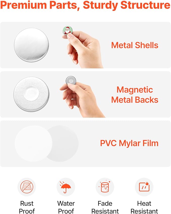VEVOR Button Maker Supplies 50 Sets 1.25 in / 32 mm Refrigerator Magnets, Button Parts with Magnetic Backs, Metal Shells, Clear Mylar Films, and Blank Circle Papers, for Home DIY and Kitchen Decor