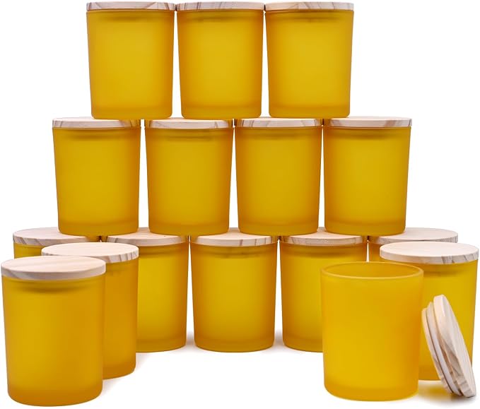 SHOWIN Thick Candle Jars for Making Candles 16 Pcs, 7 OZ Empty Jars with Wood Lids for Candle Making, Sample Container, Frosted Yellow