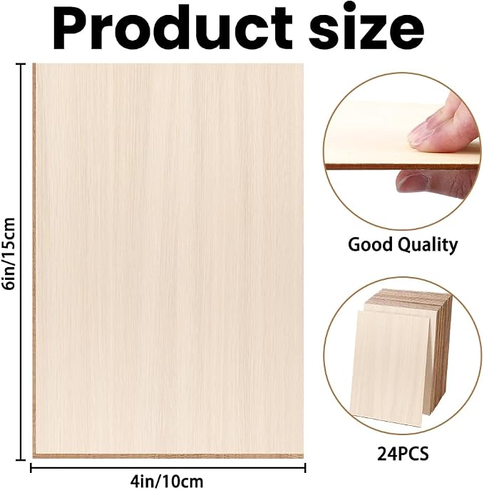 24 Pack Basswood Sheets 4 x 6 x 1/16 Inch Thin Wood Sheets for Crafts