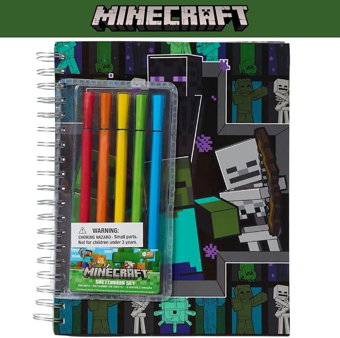 Minecraft Sketchbook Set, 5 Washable Markers, Spiral Bound, 86 Blank Pages