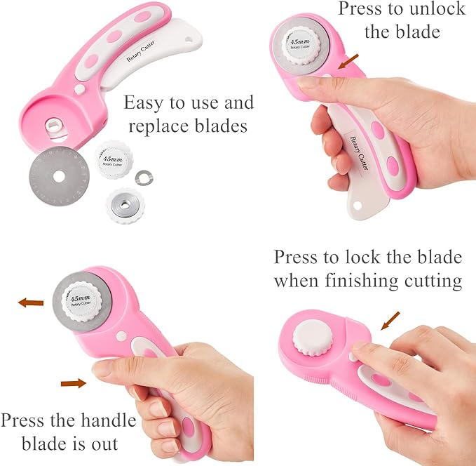 39 Pcs Rotary Cutter Set Pink - Quilting Kit incl. 45mm Fabric Cutter with 5 Extra Blades, A4 Cutting Mat, Craft Knife Set, Quilting Ruler and Sewing Clips, Ideal for Crafting, Sewing, Patchworking