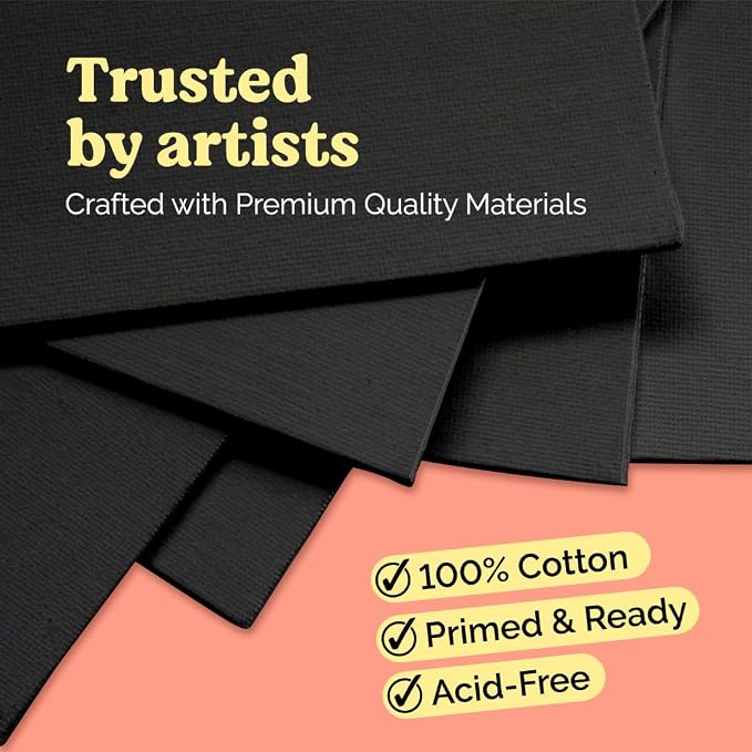 Chalkola 25 Square Black Canvas for Painting - Primed Cotton Art Boards | Panels (25 Pack) 4x4, 6x6, 8x8, 10x10, 12x12 inch (5 Each) - Painting Canvases 100% Cotton, Acid Free for Adults & Artists