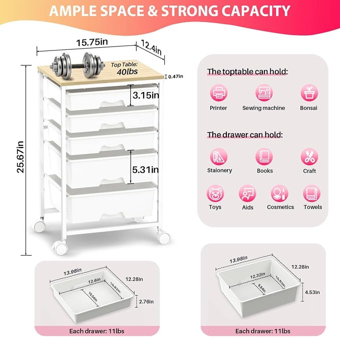 Goovilla Rolling Cart with 5 Drawers for Craft, Art, Dorm, Office, White | Utility Cart Organizer With 5 Removable Drawers and Wooden Tabletop, Lockable Rolling Storage Organizer for Classroom, Home