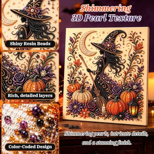 GYZOMKBIU Halloween Pearl Art Kit, Halloween Witch PearlArt DIY Kit for Adults Spooky Cute 3D Pearl Diamond Art Kit, DIY Dimond Art Paintings Home Decor Wall Art, Beginner DIY Seasonal Party Gift