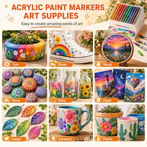 120-Color Acrylic Paint Markers - Non-Toxic, Quick-Dry Soft Acrylic Brush Markers Set for Rock Painting, Ceramic, Canvas, Wood, Glass, Fabric - Acrylic Paint Pens for Artists and Beginners