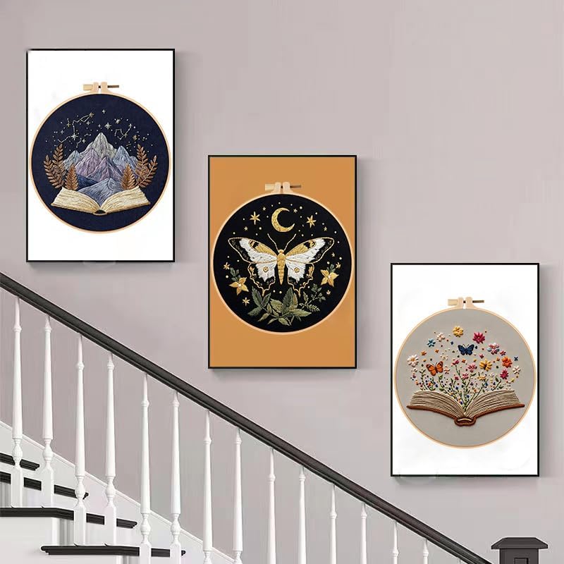 Konrisa Stamped Embroidery Kit with Butterfly Scenery Book Flower Pattern, Embroidery Starter Kit DIY Sewing Practice, Cross Stitch Kit,Set of 3