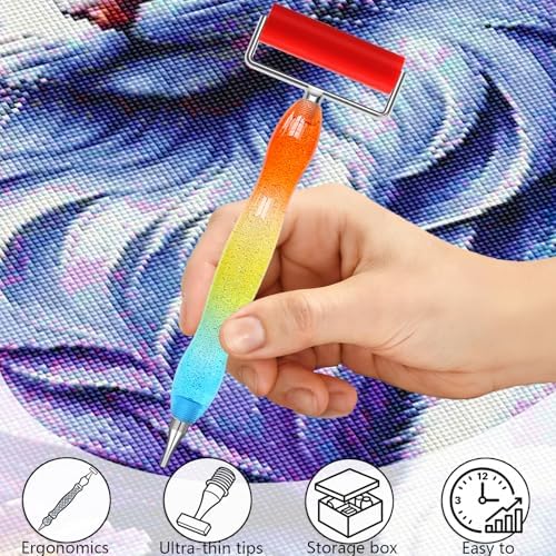 ZYNYXY 17PCS Ergonomic Diamond Art Pen Kits, with Multifunctional Metal Stainless Steel Screw Thin 1, 3, 6, 9, Tips, Correction Placers Roller Accessories(E-Purple+Pink+Color+ 5 PCS Tips)