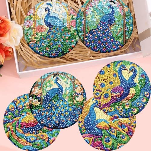 8 Pack Diamond Art Coasters,Peacock animals Diamond Painting Coasters Kits
