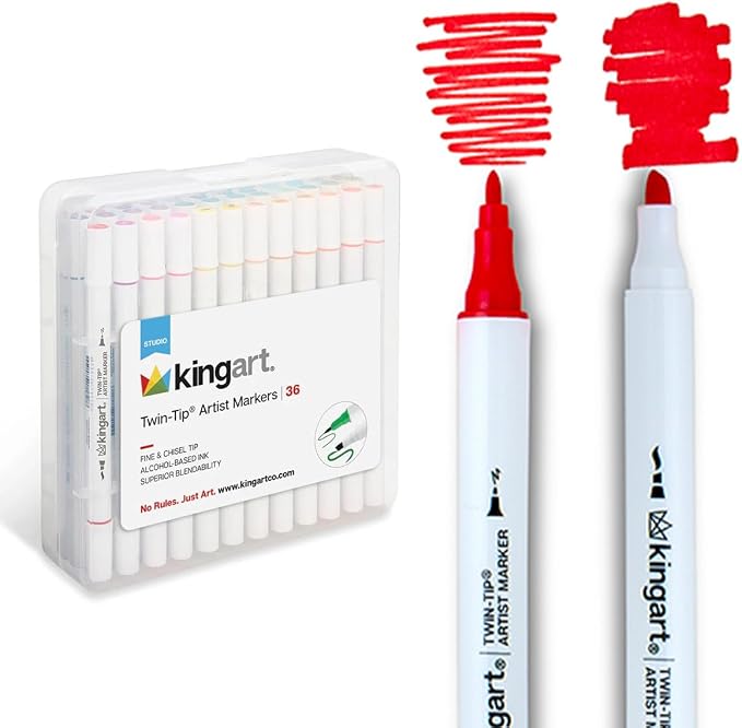 KINGART Dual Tip Alcohol Based Art Markers, 36 Colors Permanent Marker Pens Highlighters with Case Perfect for Illustration Adult Coloring Sketching and Card Making