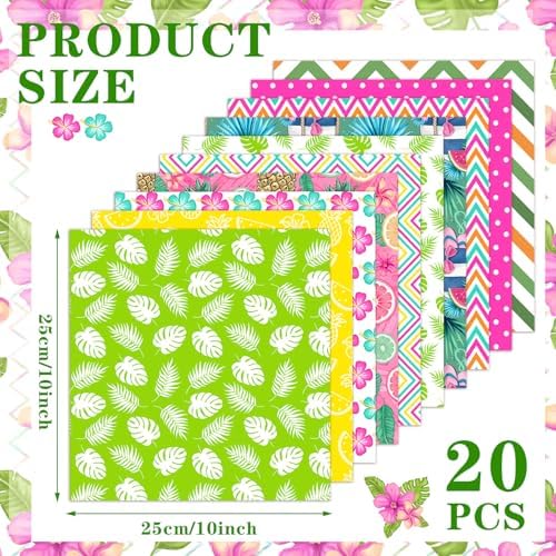 HunnmingRe 20 Pcs 10''x10'' Summer Tropical Quilting Fabric Square Pineapple Watermelon Precut Fabric Bundle Colorful Polka Dot Check Printed Patchwork for Holiday DIY Craft Sewing Material Supplies