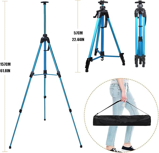 Easel for Painting, Portable & Foldable Easels Stand, Height-Adjustable 22'' to 62'', Equipped with Tray, Water Bucket Hook, Spirit Level, Compass & Carrying Bag for Art Display,Travel - Blue