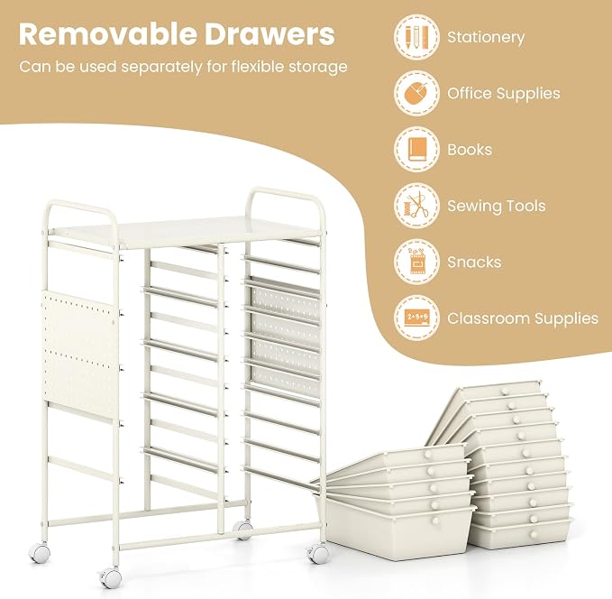 Giantex 15 Drawer Storage Cart, Rolling Craft Cart with Metal Tabletop & Pegboard, Mobile Utility Organizer Trolley with Locking Wheels, Home Office, Classroom, Teacher Supplies, Ivory