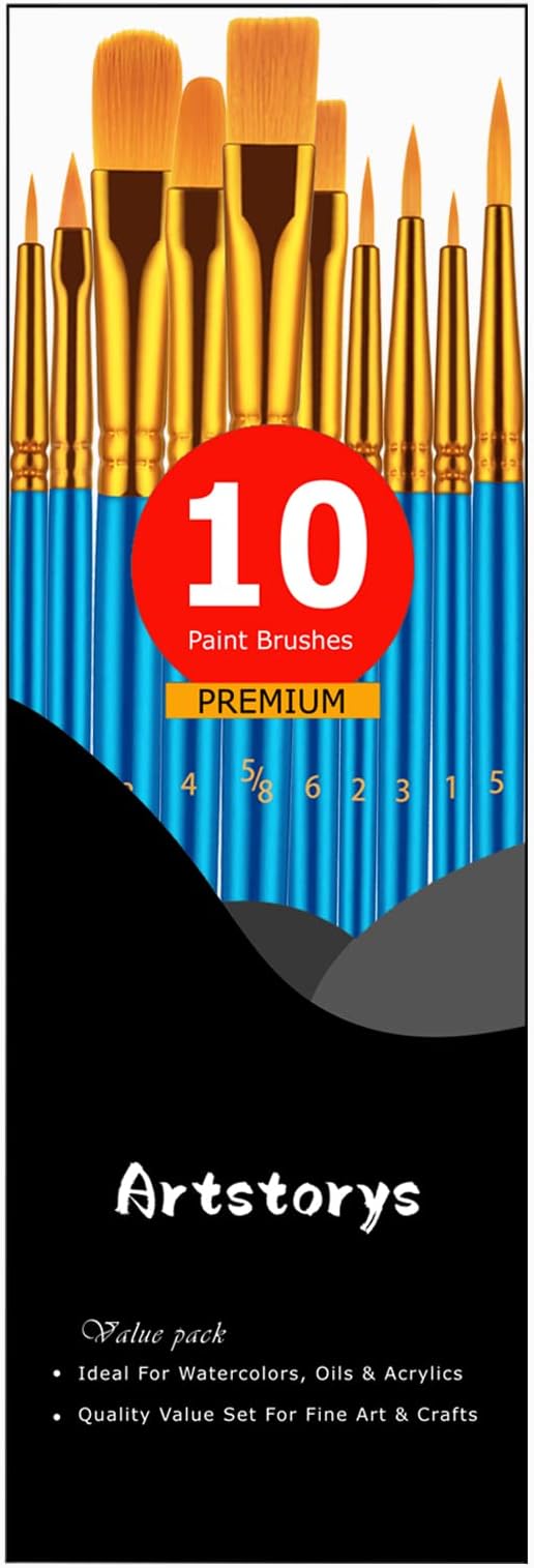 Artstorys 10Pcs Paint Brush Set, Small Round Detail Tips, Blue | Made with nylon hair & wooden handles. Ideal for acrylic, oil & watercolor, canvas, rock & face painting, adult art supplies