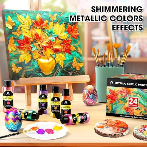 40 Pcs Acrylic Paint Set, 24 Metallic Colors Rich Pigments, 2oz/60ml Bottle