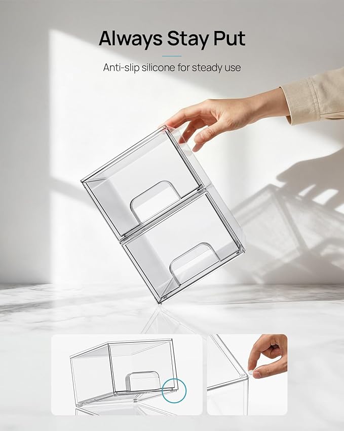 Vtopmart 4 Pack Small Clear Stackable Storage Drawers, Fits Narrow Spaces | Multi-Use Plastic Bins for Bathroom Cabinet Organizer, Makeup, Desk, Vanity, Undersink, Medicine ,Keeps Small Items Organized