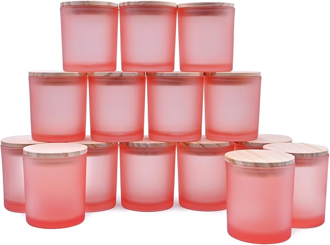 SHOWIN 8 OZ Thick Candle Jars for Making Candles 15 Pcs, Empty Jars with Wood Lids for Candle Making, Sample Container, Frosted Pink