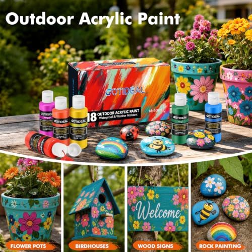 GOTIDEAL Acrylic Paint Set, 18 Colors Outdoor Acrylic Paint (100m,3.4 oz) | with 10 Brushes, Non-Toxic Waterproof Art Paints for Canvas, Wood, Rocks, Craft Supplies for Artists & Beginners