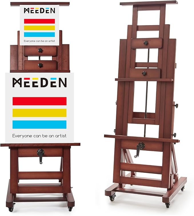 MEEDEN Extra-Large H Frame Easel: Solid Beech Wood Artist Easel for Adults | Professional Heavy Duty Easel with Crank, Movable and Tilting Flat Art Easel Stand for Canvas up to 76.7", Deep Walnut