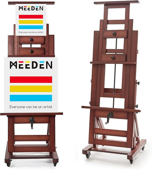 MEEDEN Extra-Large H Frame Easel: Solid Beech Wood Artist Easel for Adults | Professional Heavy Duty Easel with Crank, Movable and Tilting Flat Art Easel Stand for Canvas up to 76.7", Deep Walnut