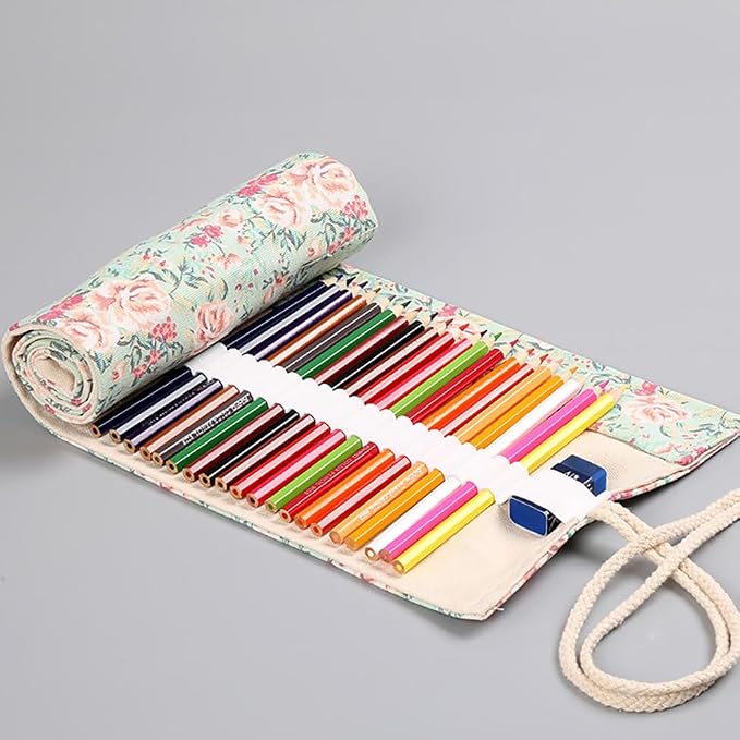 DIYOMR 24/36/72 Slots Pencil Wrap Pencil Rolls, Artist Colored Pencils Roll Up Bag Short Brushes Pouch Case Pencils Organizer for Drawing Coloring and Sketching (Small Floral, 12slots)
