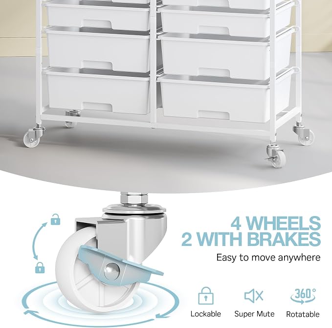 TOOLF 12 Drawers Rolling Storage Cart with Wooden Top for Classroom,White | Teacher Cart Craft Art Supply Organizer, Utility Cart with Lockable Wheels for Home Household Essentials, Office Organization