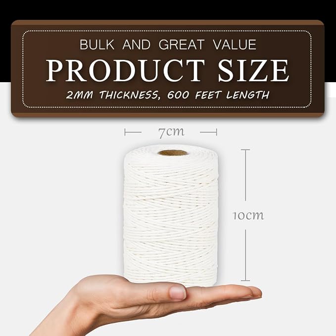 SMART&CASUAL 600 Feet 2mm Cotton Butcher Twine String Soft Food Safe for Cooking Craft Baker Kitchen Meat Turkey Sausage Roasting Gift Wrapping Gardening Crocheting Knitting