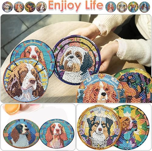 ijbnhd 8 PCS Dog Diamond Art Coasters Kit Diamond Painting Coasters