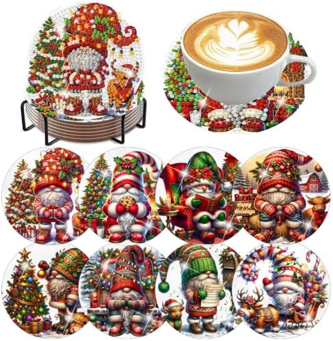 8 Pack Diamond Art Coasters,Christmas Gnome Diamond Painting Coasters Kits
