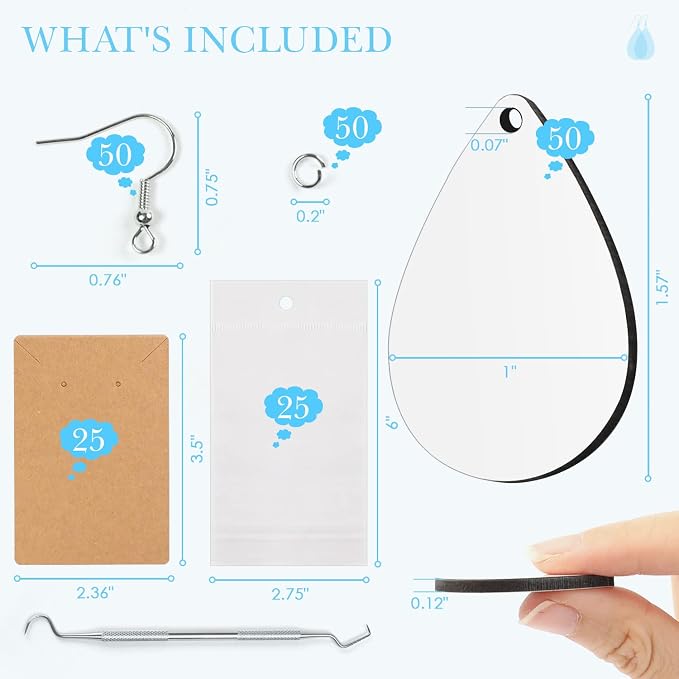 HTVRONT Sublimation Wood Earring Blanks Bulk - 50 Pcs with Blue Protective Film - Unfinished MDF Teardrop Earrings for Sublimation Printing with Template, Weeder, Hooks, Jump Rings