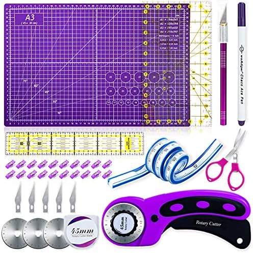 Nicecho Rotary Cutter Set,Sewing Quilting Supplies,45mm Fabric Cutters,A3 Cutting Mat for Sewing,Acrylic Rulers,Scissors,Exacto Knife,Clips,Beginners Sewing Accessories,Fabric Cutter Kit