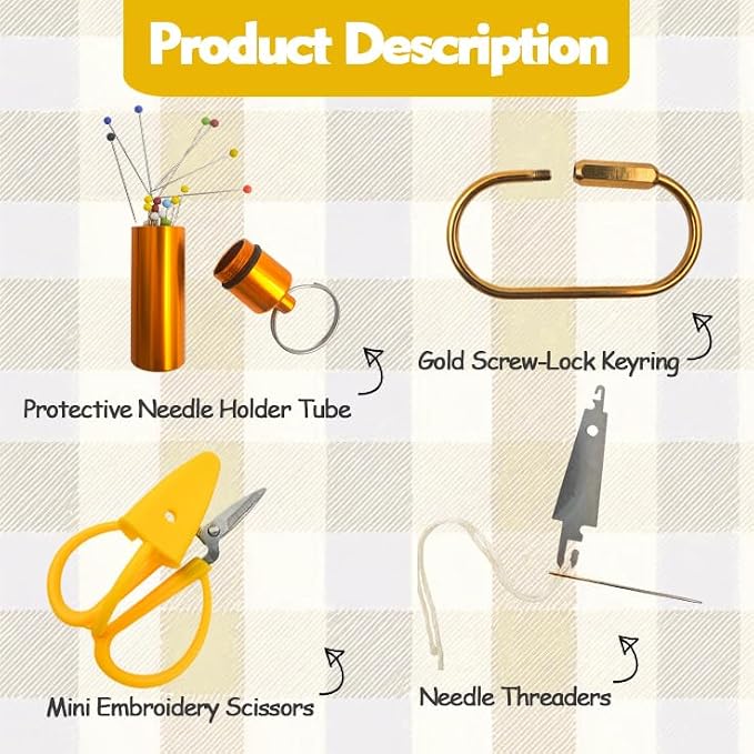 MAGNEECH Needlepoint Keychain Kit, Needlepoint Bag with Mini Embroidery Scissors, Needle Threader, Needle Holder Tube & Gold Keyring, Portable Cross Stitch Sewing DIY Crafts (Yellow-Yellow Tube)