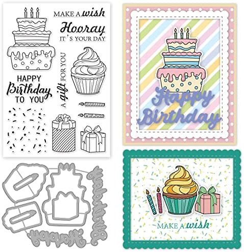 INFUNLY Happy Birthday Stamp and Die for Card Making Congratulation Die Cut Cake Silicone Stamp Metal Die Cuts Candles Banner Transparent Rubber Stamps for DIY Scrapbooking Paper Photo Album Decor