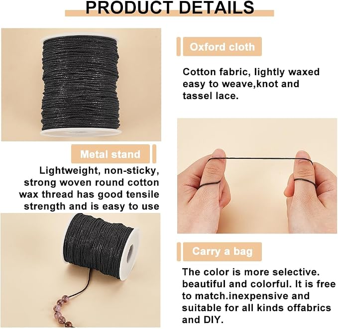 PH PandaHall 100 Yards 1mm Waxed Cotton Cord, Black Waxed String Beading Thread Roll Spool for Bracelet Necklace Jewelry Waist Beads DIY Crafts Making Macrame Supplies (Pack of 3)