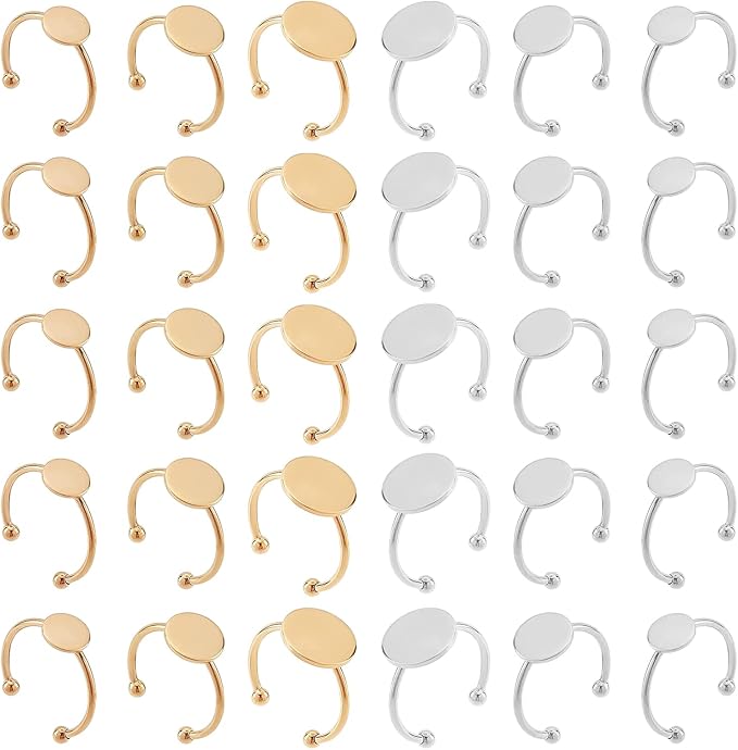 30 Pcs Blank Rings Stainless Steel Adjustable Pad Ring Base, Flat Blank Ring Base Tray for Jewelry Making DIY Crafts (Gold and Silver)