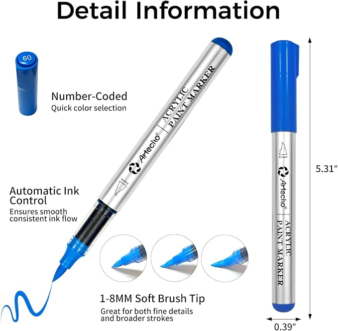 Artecho Automatic Ink Control Acrylic Paint Markers 48 Colors Brush Tip